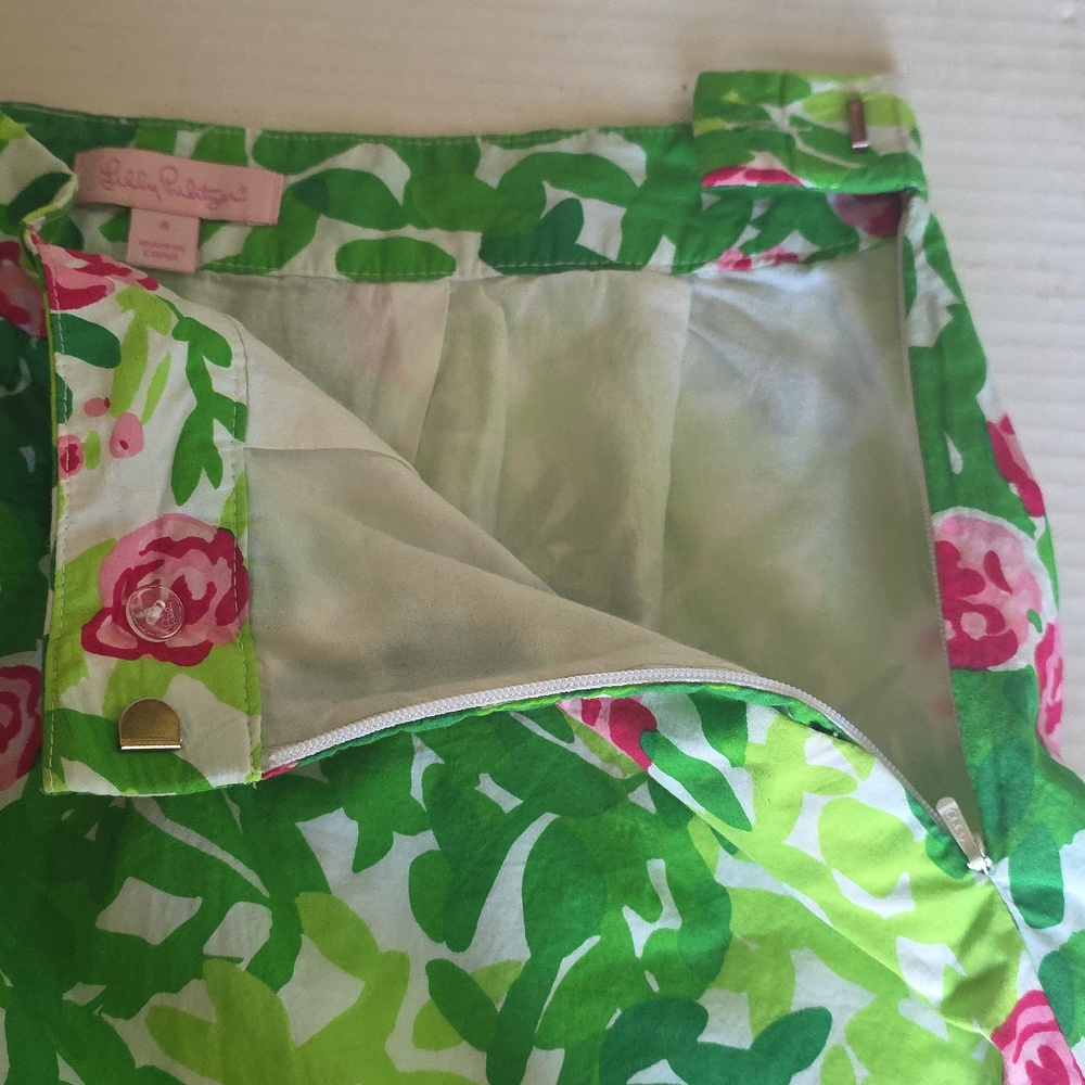 Lilly Pulitzer Cotton Green Floral Circle Skirt with Pink Roses Sz 4 Spring - Picture 6 of 14